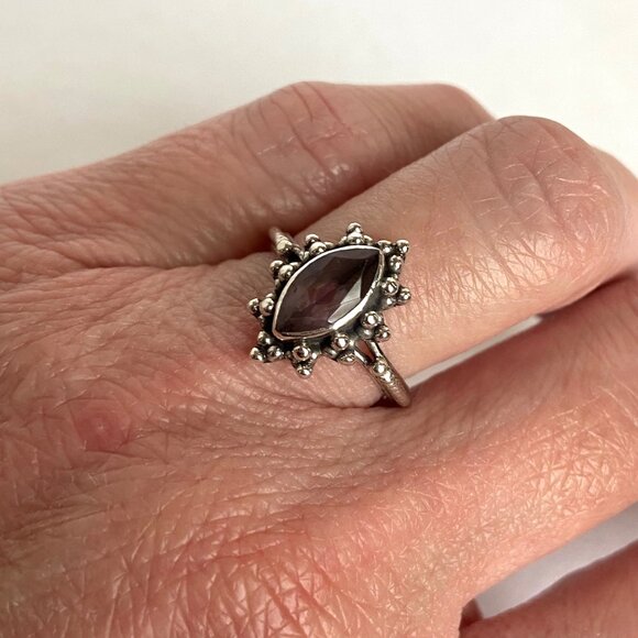 Sterling Silver 925 Bezel Set Marquise Amethyst Solitaire Ring Sz 5 - Picture 3 of 16
